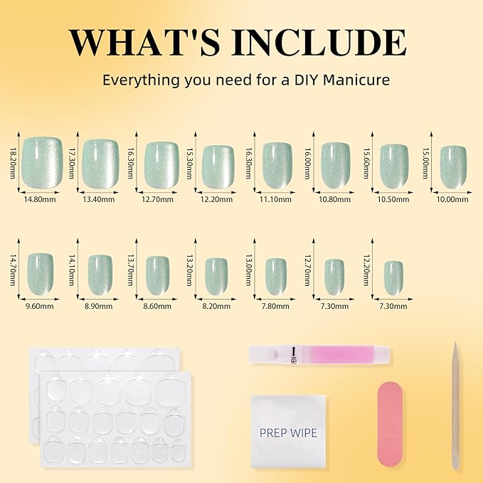 Press On Nails, Short Square Green Glazed Press on Nails Frosted Mint Nails Press Ons for Women DIY Fake Nails Kit with Glue, Reusable Glue on Nails Short in 15 Sizes - 30pcs, Frosted Mint