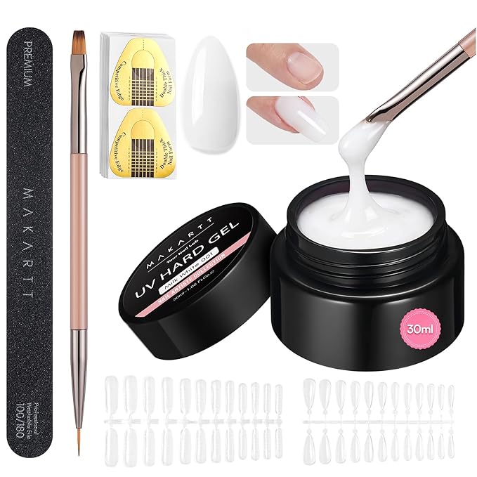 Makartt Milky White Gel Builder Kit Long Lasting Extension Hard Gels for Strengthener, Broken Nails Repair Gel Kit with Paper Forms, Dual forms, Nail File and Dual-End Brush Home Salon DIY1.06 oz