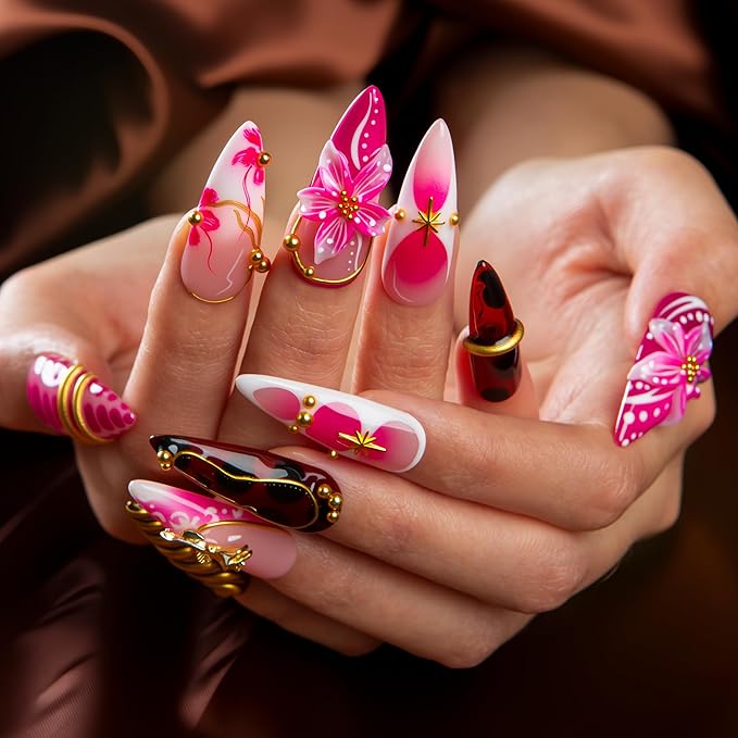 LOVFUL Short Press on Nails Flaming Desire | Handmade Acrylic Press ons| Reusable Fake False Nails | Stiletto Classic Regular 1.3in | H690-S