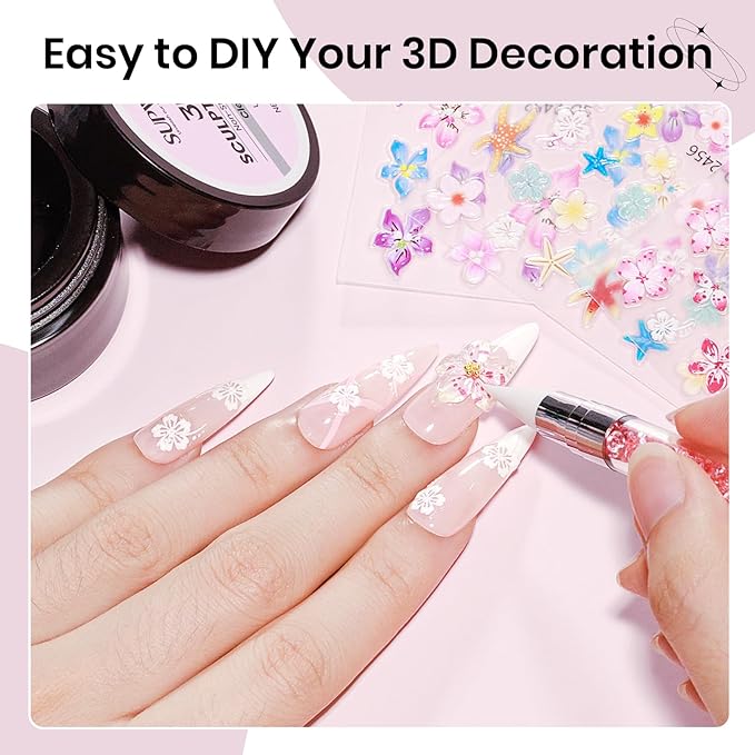 3D Nail Sculpting Gel, Clear Molding Gel for Nail Art Non-Sticky for Extension Carving with Nail Stickers & Silicone Pen Suitable for DIY Manicure Home