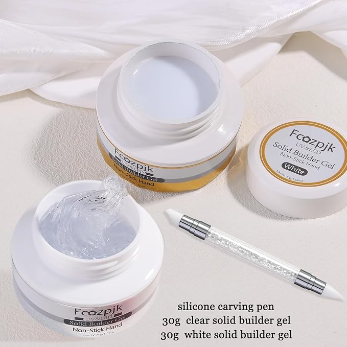 Clear and White Solid Builder Gel for Nails, 2PCS 30g 3D Nail Art Gel Non-sticky Hand Hard Gels Sculpting Molding Embossed Flowers Design with Carving Pen DIY Home Manicure Salon Supplies