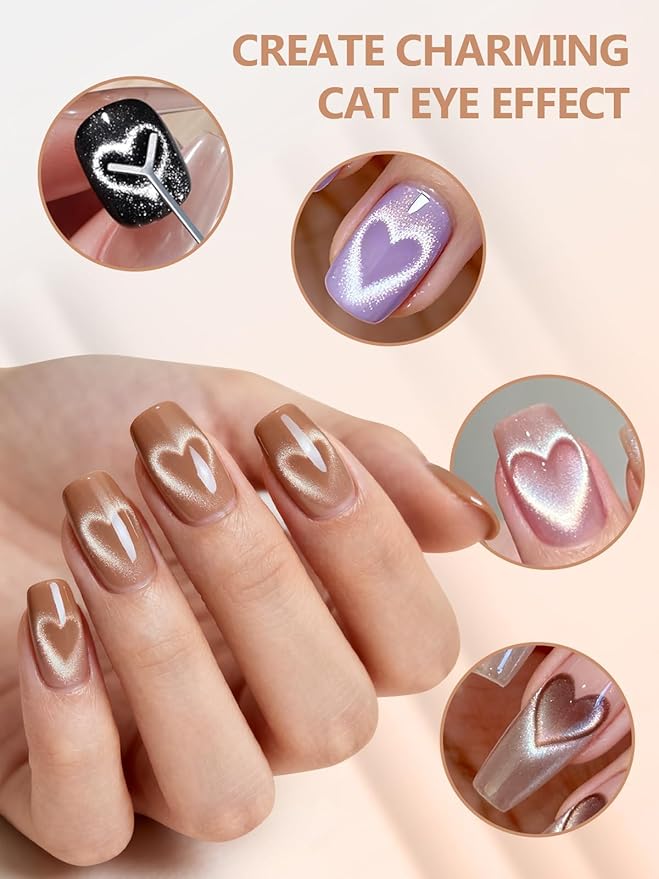 EBANKU 6 in 1 Cat Eye Nail Magnet Tool Set, 6PCS Heart Magnet with Y-Shaped Guide for Cat Eye Gel Polish, Magnetic Nail Art Tool for French Stunning Cat Eye Effect, DIY Manicure Kit
