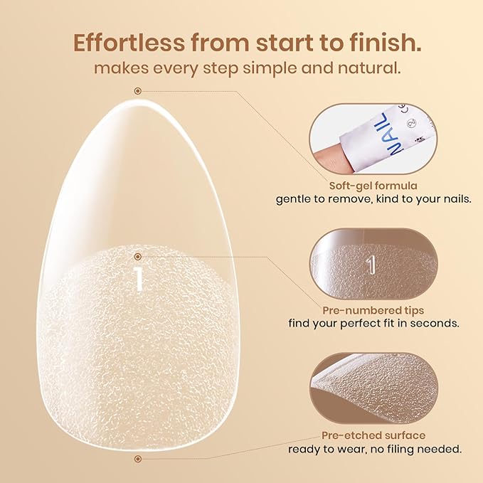 Beetles Flat-X Gel Nail Tips - Short Almond Press-On Nails 16 Sizes 320 pcs | Pre-Etched Half-Matte Full-Cover Soft Gel Tips Fake Nail for Flat & Natural Nail Beds - Easy DIY Salon