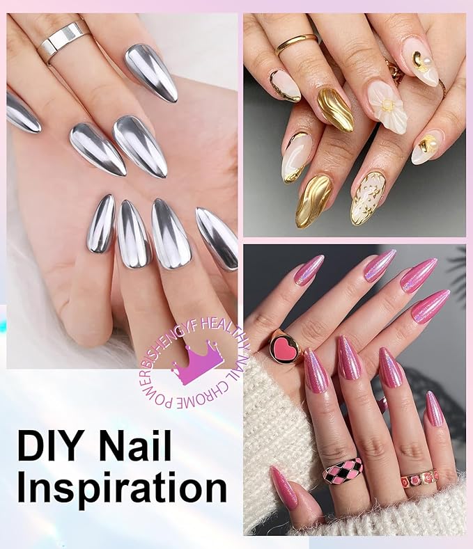 Mermaid Gold Chrome Nail Powder: 6 Colors Mirror Effec Green/Pearl Chrome Nail powder,Magic Mermaid Pink Chrome Nail Powder Pigment for Nail Art Design Home DIY（Laser/Silver）