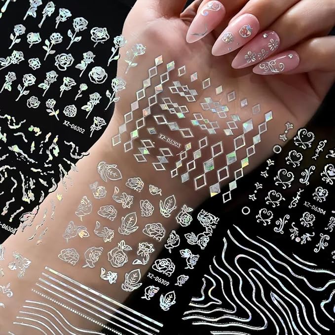 30 Sheets Aurora Nail Art Stickers Decals 3D Self Adhesive Flower Nail Stickers Aurora Star Heart Nail Decals for Nail Art Leaf Floral Nail Design for Women DIY Acrylic Nails Decoration Accessories