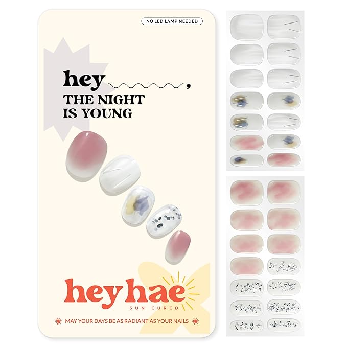 Heyhae Semi Cured Gel Nail Strips | No LED Lamp Needed | Glam, Pink, Spring | Easy Apply & Remove, Salon Quality | Includes 28 Strips, 1 Prep Pads, Nail File & Wooden Stick - Hey, The Night is Young