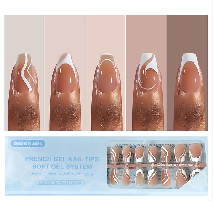 Short Coffin French Tip Press on Nails, 150pcs Soft Fake Nail Tips in 15Sizes, Pre-lasting Acrylic French Gel Nails Tips, No Need to File False Nail Tips Extension for Women Girl Nails DIY