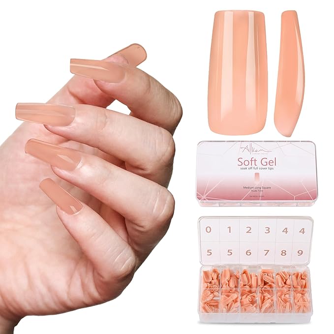 Allkem Soft Gel Nail Tips - Medium Long Square Nail Extensions Kit - 12 Sizes Long Full Cover Nails - Nude (504 Pieces)