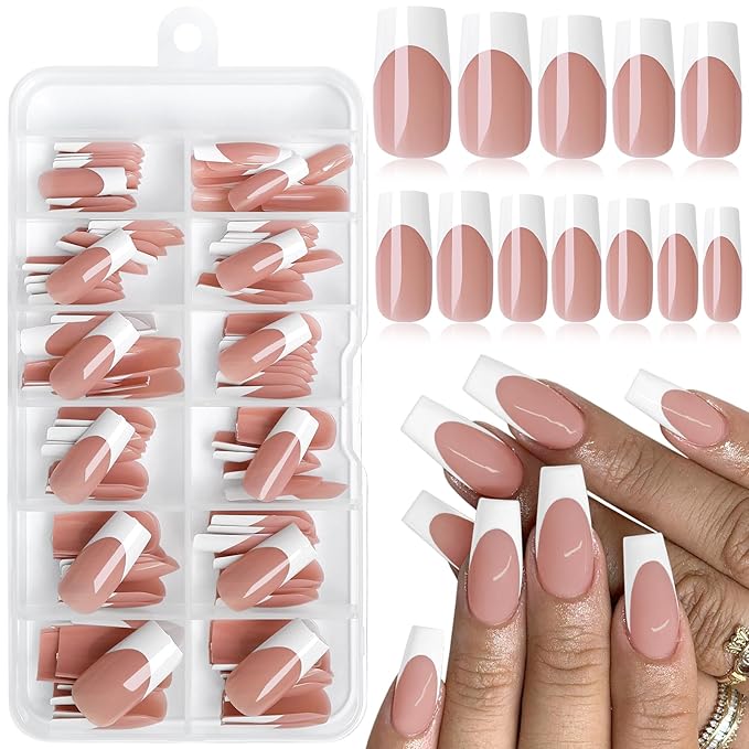 120PC White French Tip Press on Nails Medium Fake Nails Press ons with 5*Adhesive Tabs, Brown Square Acrylic Nail Press on Nail French Tip Nails False Artificial Fingernails Stick on Nails-L