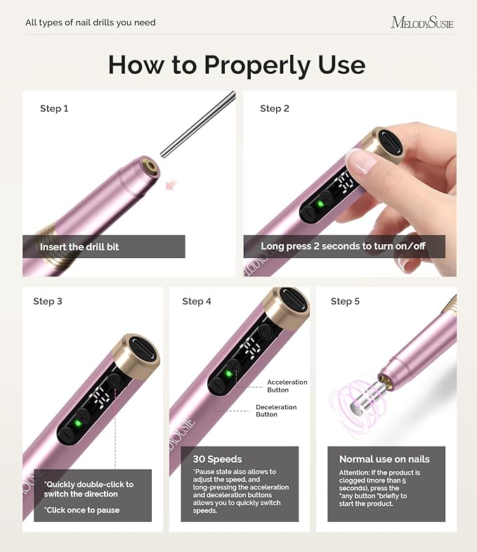 MelodySusie Pen-Shaped Ultra-Slim Cordless Nail Drill, PM170F 30000RPM Portable Rechargeable Electric File with LED Display for All Manicure, Nail Care, Shaping & Gel Removal for Advanced Home Use