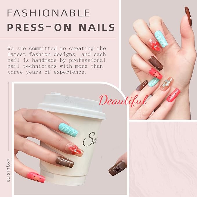 Luxury Handmade Press-On Nails - Vintage Brown 3D Floral Design, Long Coffin Acrylic False Nails | Reusable Fake Nails Kit（10PCS)