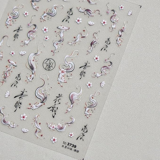 2Sheets Nail Art Sticker Ink Painting Foxs Nail Decals Black White Archaic Style Nine-Tailed Fox Art Manicure for Women Girls (Fox)