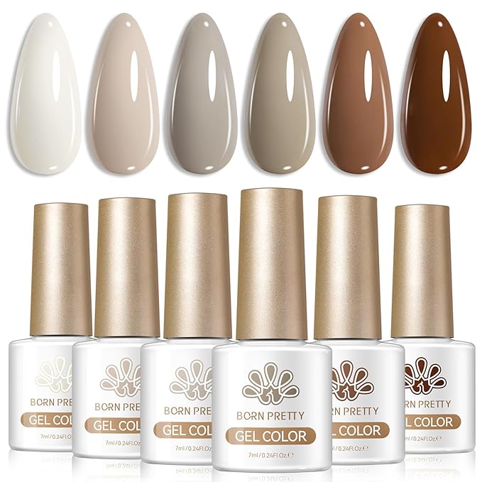 BORN PRETTY Nude Gel Nail Polish Set 6 Colors Grey Brown Chocolate Coffee Gel Polish Kit for Salon Manicure and Nail Art DIY at Home