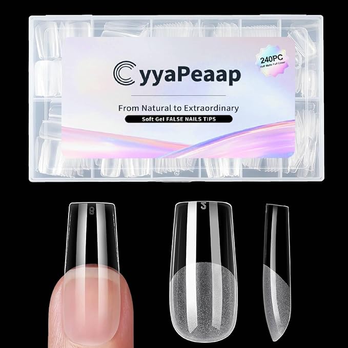 Medium Square Nail Tips - 12 Sizes 240 PCS Pre-Etched Half Matte Soft Acrylic False Nail Tips No C Curve for Full Cover Acrylic French False Nails For Nail Extension, Home DIY Nail Salon