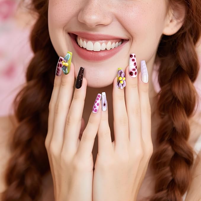 Flower Press on Nails Handmade Medium Long Square Muti-Layer Gel Fake Nails Gradient Floral 3D Waterdrop Pattern Design Multicolor Thick False Nails Acrylic Nails for Women