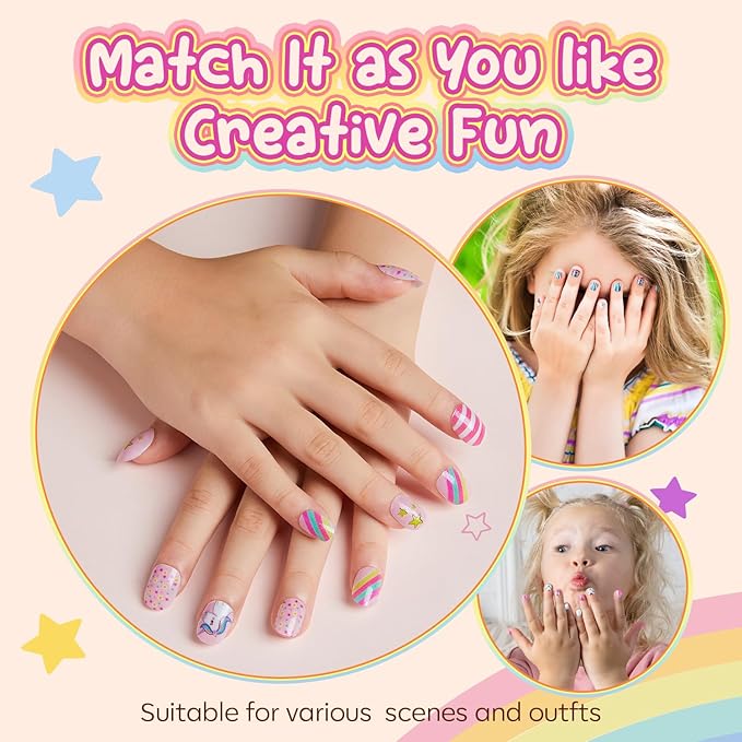 Modelones Press on Nails for Kids 144Pcs 6 Pack Children Acrylic Fake Nails Pre-glue Full Cover Glitter Color Butterfly Unicorn Short False Nail Kits Sets Thanksgiving Christmas Gifts for Girls