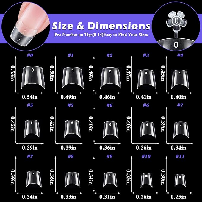 LoveOurHome 600pc French Coffin Nail Tips Clear Fake Nails Short Coffin Gel Nail Tips Half Cover Acrylic Nail Clear Short False Nail 15 Sizes Fingernail for Gel Nail Tip Extension Press Nails DIY