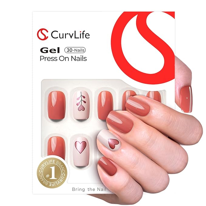 CurvLife Press On Nails Short – 30Pcs Soft Gel Fake Nails, Shimmery Pink Heart Reusable Glue On Nail Kit with Adhesive Tabs, Natural Fit & Salon-Quality for Women & Girls