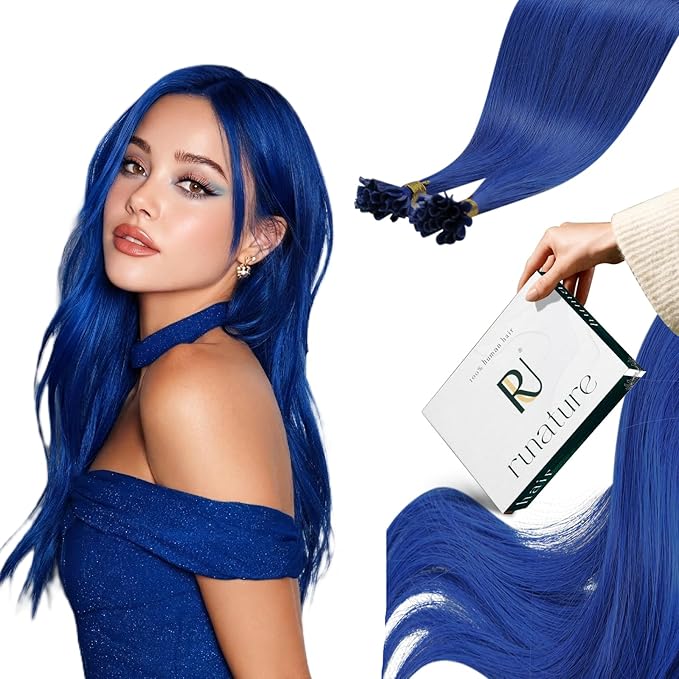 RUNATURE U Tip Hair Extensions Human Hair 14 Inch Blue Hair Extensions K Tip Extensions Hot Fusion Real Colorful Human Hair for Highlight Party Can Be Styled Long Lasting 20g 25s