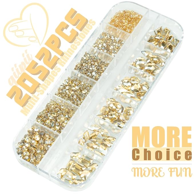2052Pcs Golden Rhinestones for Nails 72pcs Multi Shapes Crystal Flatback Champagne gold Rhinestones Gems +1980pcs Round Beads Glass Stones Diamonds Jewels w Wax Pen for Faces Eyes Makeup Crafts