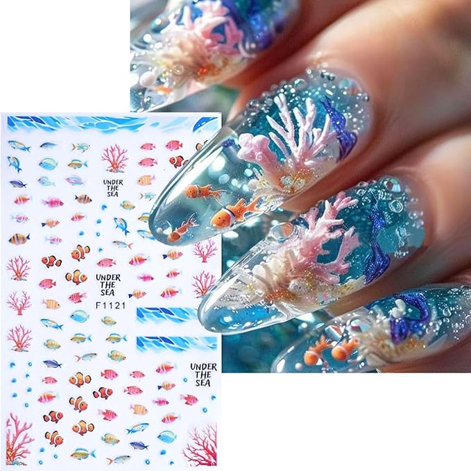 Marine Life Nail Art Stickers -3D Cute Mermaid Nail Decals Self Adhesive Small Whale Nail Stickers with Little Fish Jellyfish Designs Nail Decal Summer Nail Supplies for Women DIY Manicure Decoration