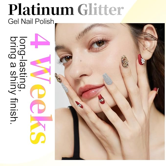 NXJ INFILILA Silver Glitter Gel Nail Polish, Reflective Shimmer Silver Gel Liner for Nail Art, Holographic Sparkle Long-lasting Color Soak Off UV Lamp Cured Gels for Art Manicure Salon DIY at Home B01