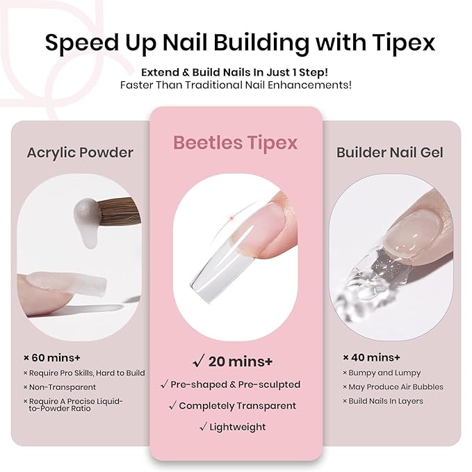 Beetles Tipex Instant Apex Nail Tips Square Long, 512Pcs 16 Sizes Pre-Building & Pre-Etched Gel Nail Tips Thicker Acrylic Nails Strong Full Cover False Nail Extension Press-on Nails