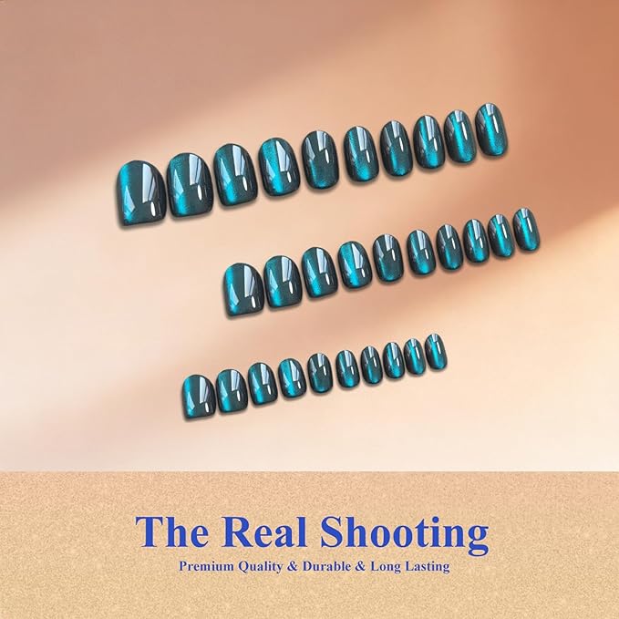 Cat Eye Press on Nails Short, Chrome Press on Nails Oval, Thick Glazed Black Baby Blue Fake Nails Press ons for Women Party Prom, Reusable Glitter Glue On Nails Almond in 15 Sizes, 30 Pcs
