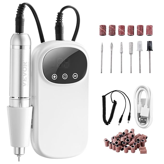 VEVOR Portable Electric Rechargeable Nail Drill, 35,000RPM Cordless Nail E File Machine, LCD-Display Acrylic Gel Grinder Tool for Manicure Pedicure Carve Polish with 6 Bits and 50PCS Sanding Bands
