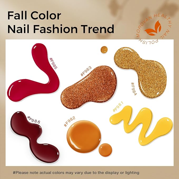 Morovan Orange Nail Polish Set: 6 Gold Maple Leaf Nail Polish Kit 2025 Glitter Autumn Fingernail Pumpkin Yellow Burnt Orange Art Quick Dry Nail Regular Mini Bulk Manicurist Women Girls Gift