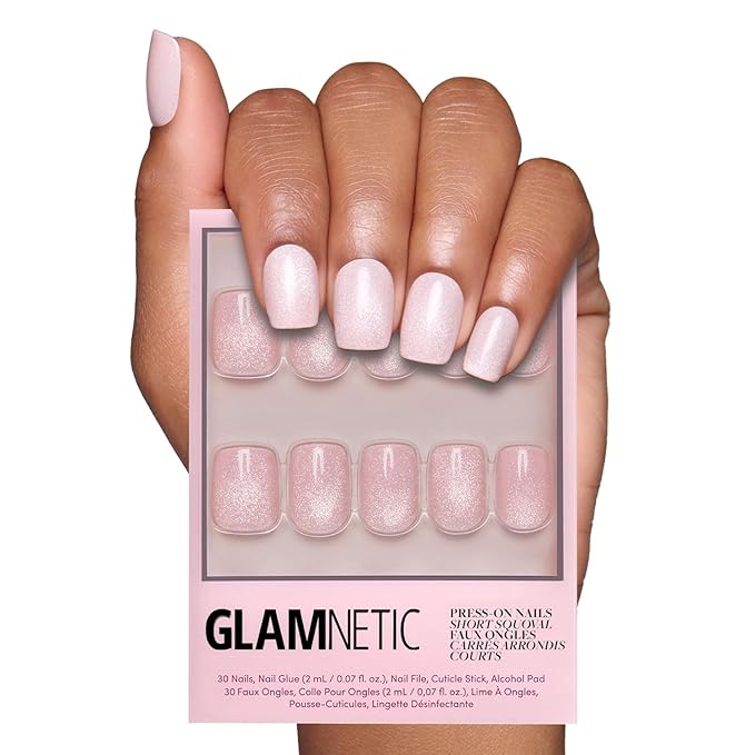 Valentines Day Glamnetic Press On Nails - Pinky Promise | Glossy, Velvet, Short Squoval Nails, Salon Quality | 15 Sizes - 30 Nail Kit with Glue