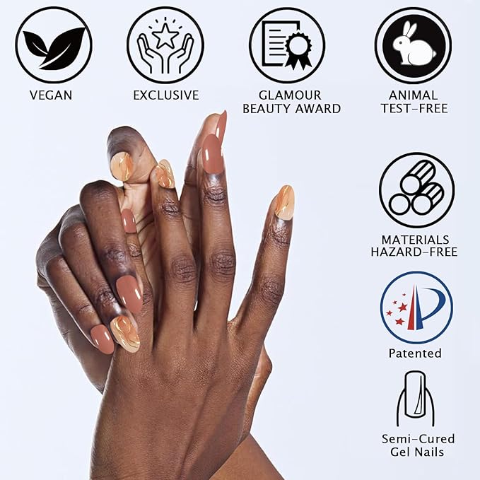 20Pcs Semi Cured Gel Nail Strips Brown Orange Gel Nail Stickers UV/LED Light Needed Glossy Self Adhesive Marble Nails Polish Strips with Gold Line Design Full Polish Nails Wraps for Women