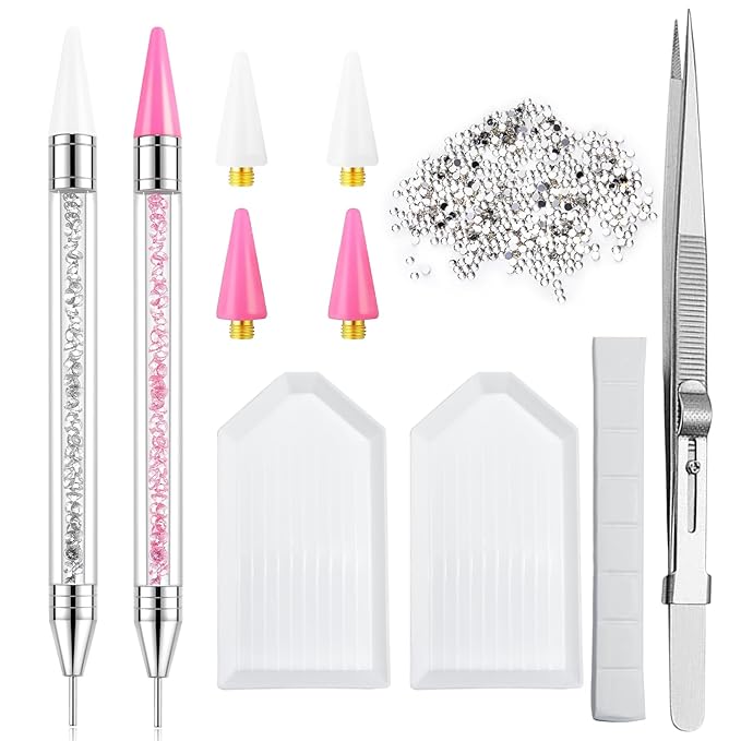 LIGHT RAIN Rhinestone Picker Tool - 2pcs Dual-head Bedazzling Pen with 4 Wax Tips, 8pcs Clay, Adjustable Precision Tweezers, 1400pcs Rhinestones and 2pcs Organizer Tray Kit for Nail Art
