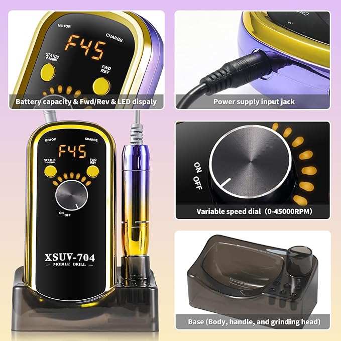 Professional Electric Nail Drill Kit 45000RPM with Bits and Base Yellow Portable Rechargeable Cordless Nail E- File Machine for Acrylic Gel Powder Nails and Manicure Pedicure Toenail Tool Set