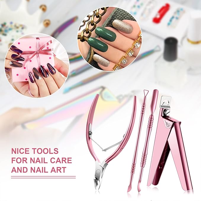 Mudder Acrylic Nail Clippers Kit False Nails Tips Cutter Professional Cuticle Trimmer Nipper Cutter Pusher Remover Stainless Steel Manicure Pedicure Art Tools Set Salon Home(Pink Rose)