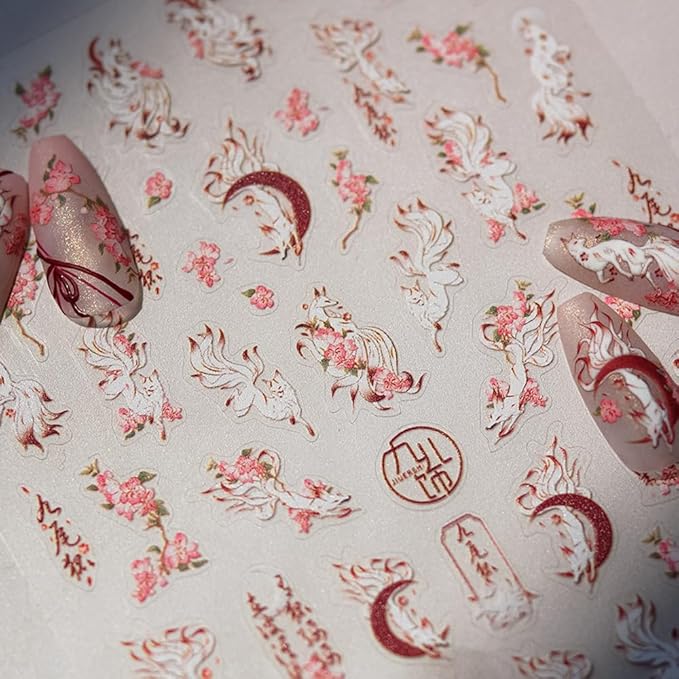 Embossed Nine-Tailed Fox Spirit Nail Art Stickers, Foxes and Blossom Design, White and Pink, Decorative Nail Decals (Nine-Tailed Fox)