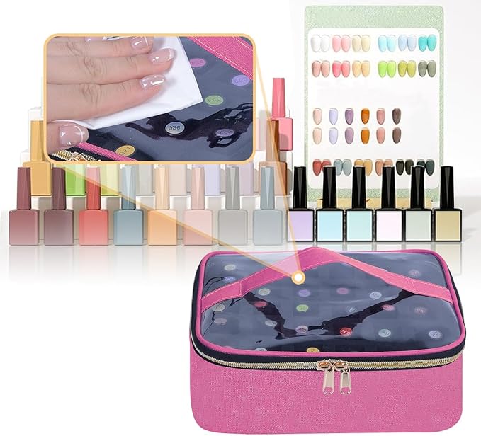 Small Clear Nail Polish Case Holds 30 bottles(15ml-0.5fl.oz) Nail Polish Organizer Multifunctional Nail Polish Bag organizer, Cosmetic Travel Makeup Cases for Women, RoseRed