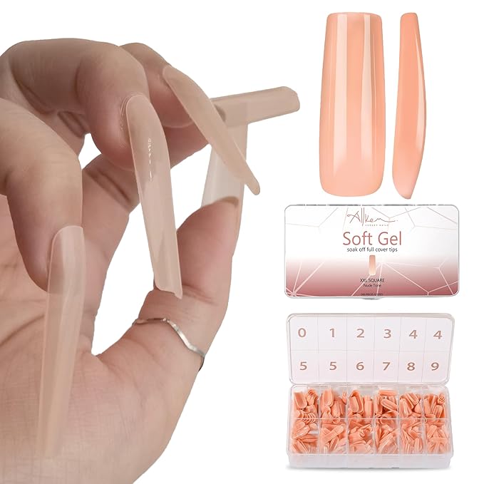 Allkem Soft Gel Nail Tips - 360 pcs XXL Square Nail Extensions - 12 Sizes Extra Extra Long Full Cover Nails - Nude (360 Pieces)
