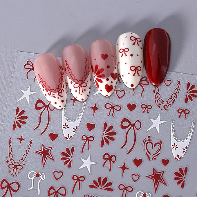 6 Sheets Valentines Day Nail Art Stickers French Tip Nail Stickers Black Red French Tip with Heart Dot Bow Tie Self-Adhesive Design Cute Nail Decals Decorations for Women Acrylic Manicure Salon Tips