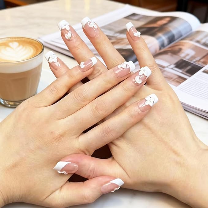 Handmade Press on Nails Short Coffin - French Tip Acrylic Fake Nails with 3D White Flower Designs, Elegant & Simple False Nails, Salon-Quality DIY Nail Art（S-10PCS)
