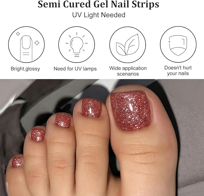 34 Pcs Semi Cured Gel Toe Nail Strips Coral Orange Glitter Gel Nail Stickers Full Cover Glitter Nails Wraps Self Adhesive Toe Nails Polish Strips Stickers for Women UV/LED Light Required