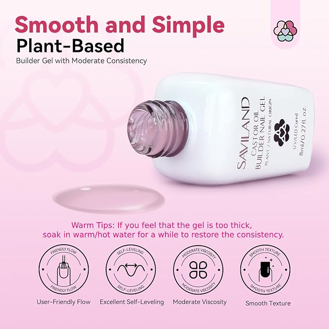 SAVILAND Builder Nail Gel: Clear Pink Gel Builder for Nail Thickening Castor Oil Vitamin E Extension Gel Strengthener Gel Builder in a Bottle LED Nail Lamp Cured Hard Gel Home Nail Care Repair