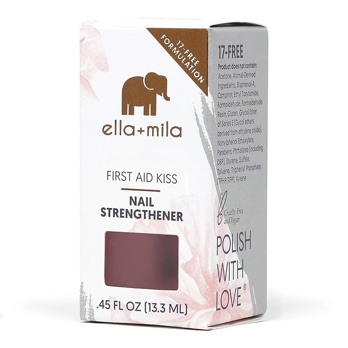 ella+mila Nail Strengthener and Growth Treatment - First Aid Kiss Nail Hardener for Damaged Brittle Thin Nails - Strengthening Polish with Vitamin E - Vegan (2-Pack)