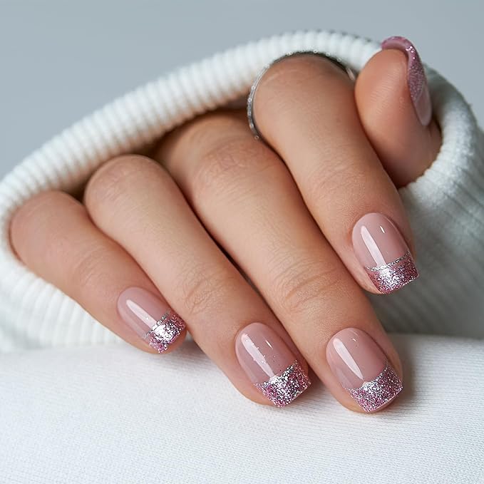 CurvLife Press On Nails Short Square – 30Pcs Nude Pink French Tip Fake Nails, Soft Gel Glitter Press On Nails with Silver & Pink Tips, Glossy Glue On Nails Stick On Nail Tips for Women & Girls
