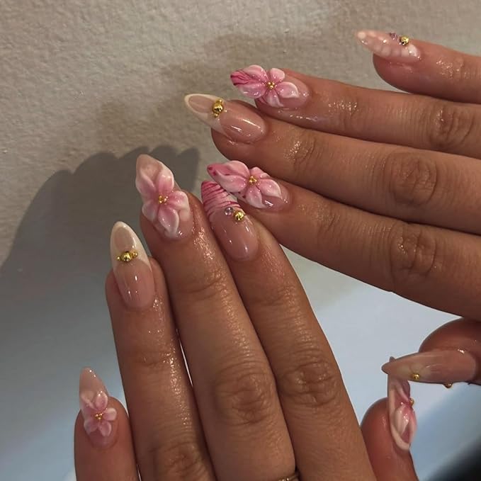 Almond Press on Nails Medium Fake Nails French False Nails Pink Artificial Nails with 3D Flowers and Gold Bead Accents Designs Cute Handmade NailsFloralStick on Nails for Women 24pcs