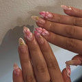 Almond Press on Nails Medium Fake Nails French False Nails Pink Artificial Nails with 3D Flowers and Gold Bead Accents Designs Cute Handmade NailsFloralStick on Nails for Women 24pcs