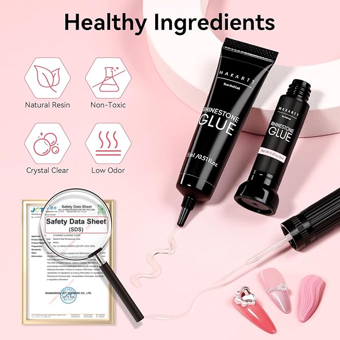 Makartt Nail Rhinestone Glue Set - Gel Nail Glue for Rhinestones, 3D Art Design Super Strong Adhesive for Charm Gems Jewel Crystal Beads Diamonds, 15ml & 8ml, Easy Use, Cured Need