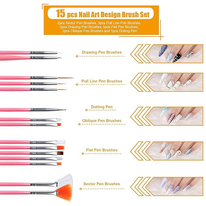 Teenitor Nail Pen Designer, Stamp Nail Art Tool with 15pcs Nail Painting Brushes, Nail Dotting Tool, Nail Foil, Manicure Tape, Color Rhinestones for Nails Pink