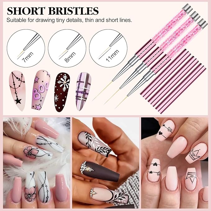SAVILAND 6pcs Nail Art Liner Brushes Set: Nail Brush Gel Polish Painting Nail Art Design Brushes Pen with Crushed Diamond Rhinestone Handle for Pulling Lines,Sizes 7/9/11/13/17/23 mm