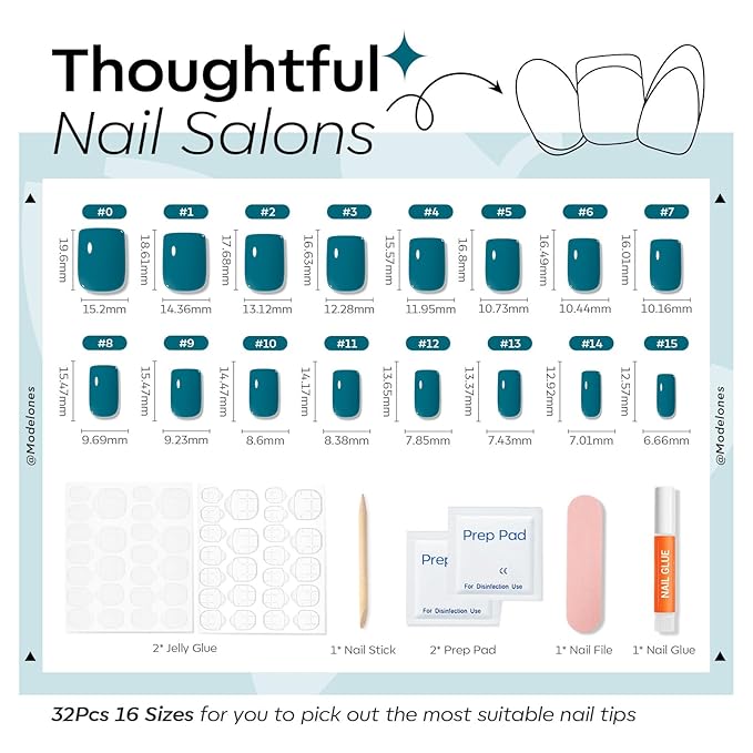 Modelones Hazy Blue Press on Nails, Short Square Fake Nails, Reusable Nail Kit with Nail Glue Adhesive Tabs Mini Nail File, Nails Press Ons 32Pcs16 Sizes, Women Girl Gift
